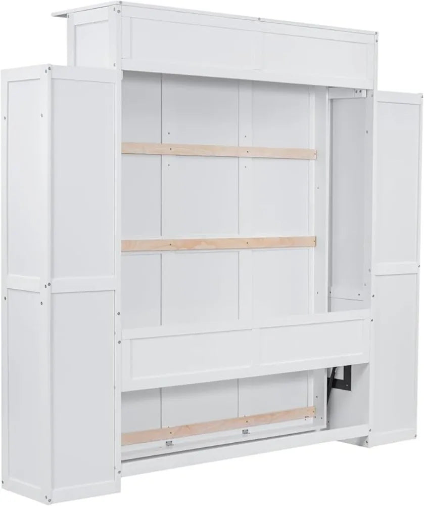 Queen Size Murphy Wall Bed – Foldable Wood Frame with Shelves & LED Lights
