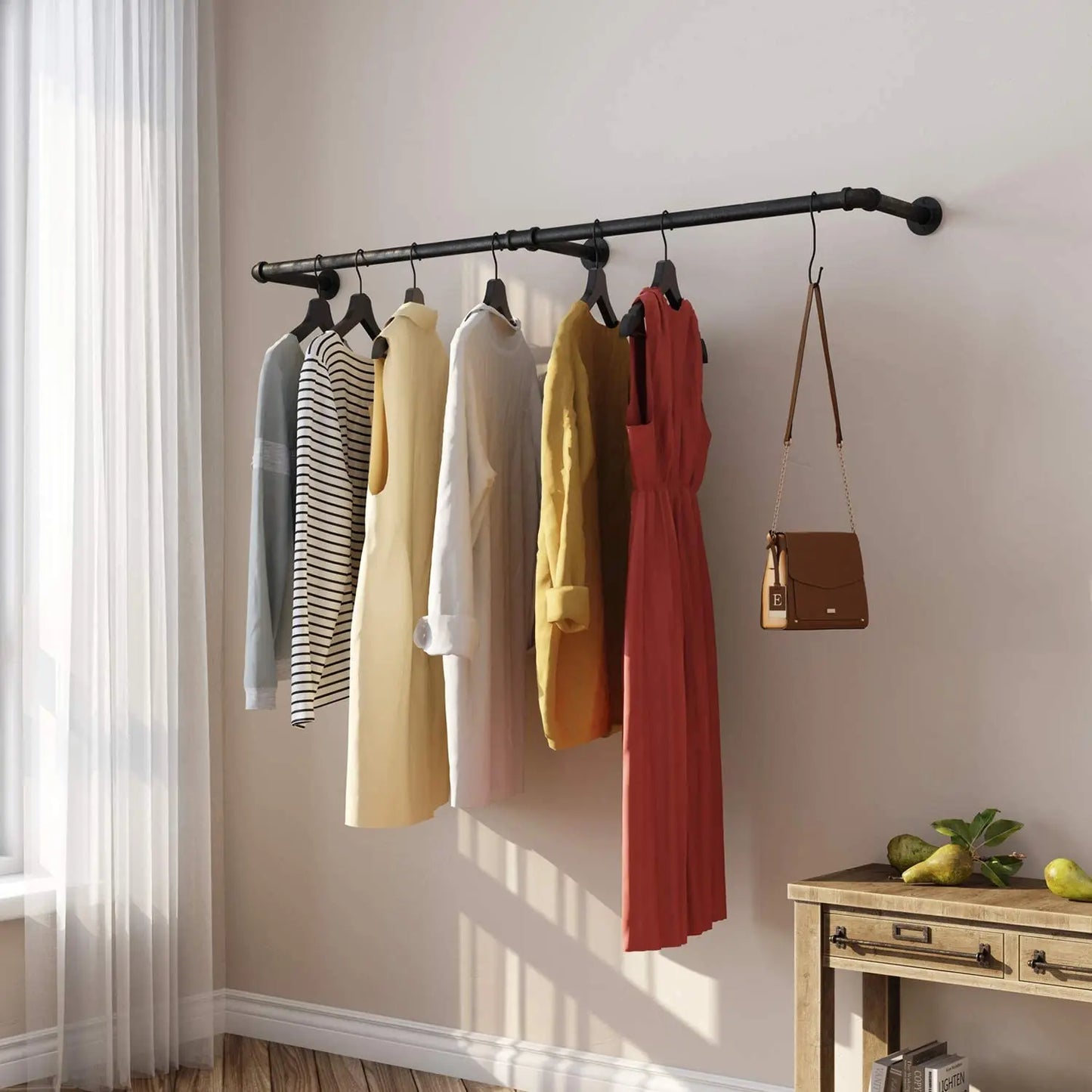 Wall-Mounted Pipe Rack – 180cm with Shelf & Hooks