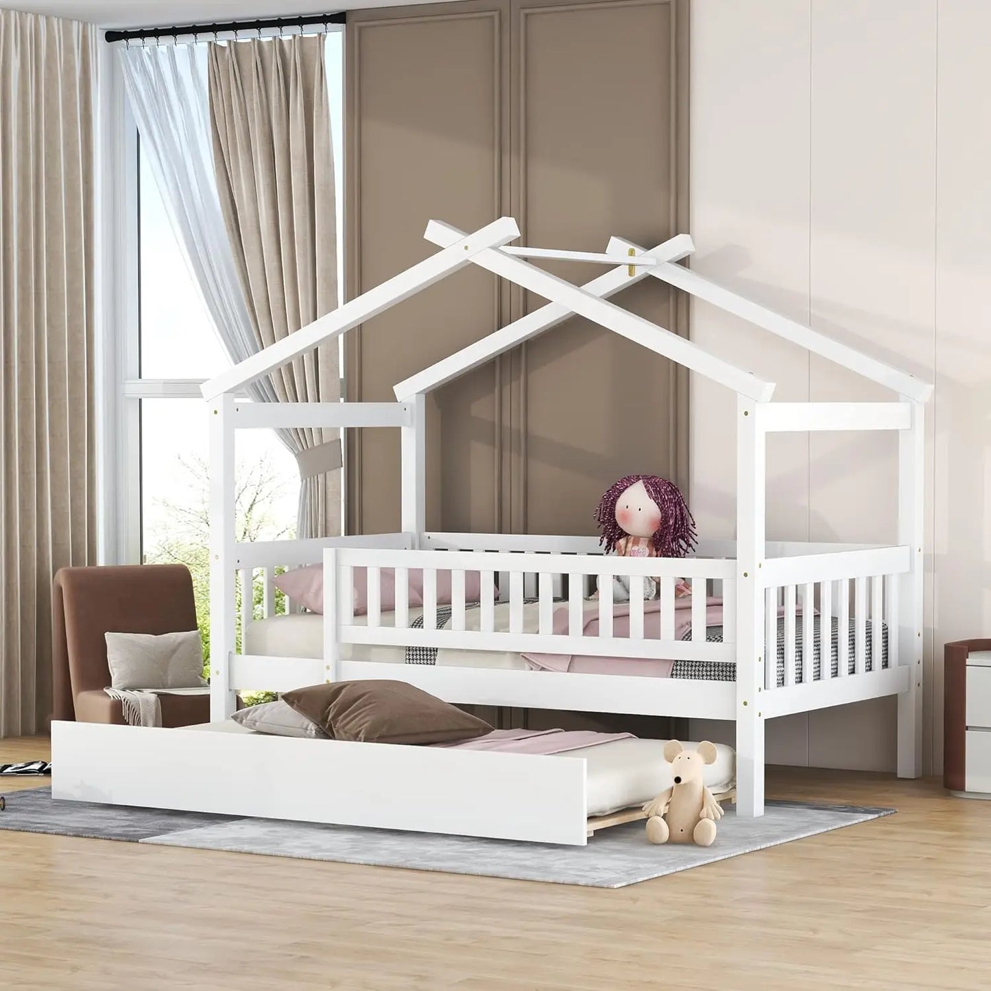 Twin Wooden House Bed with Trundle – Kids Platform Bed with Roof, Fence & Guardrail