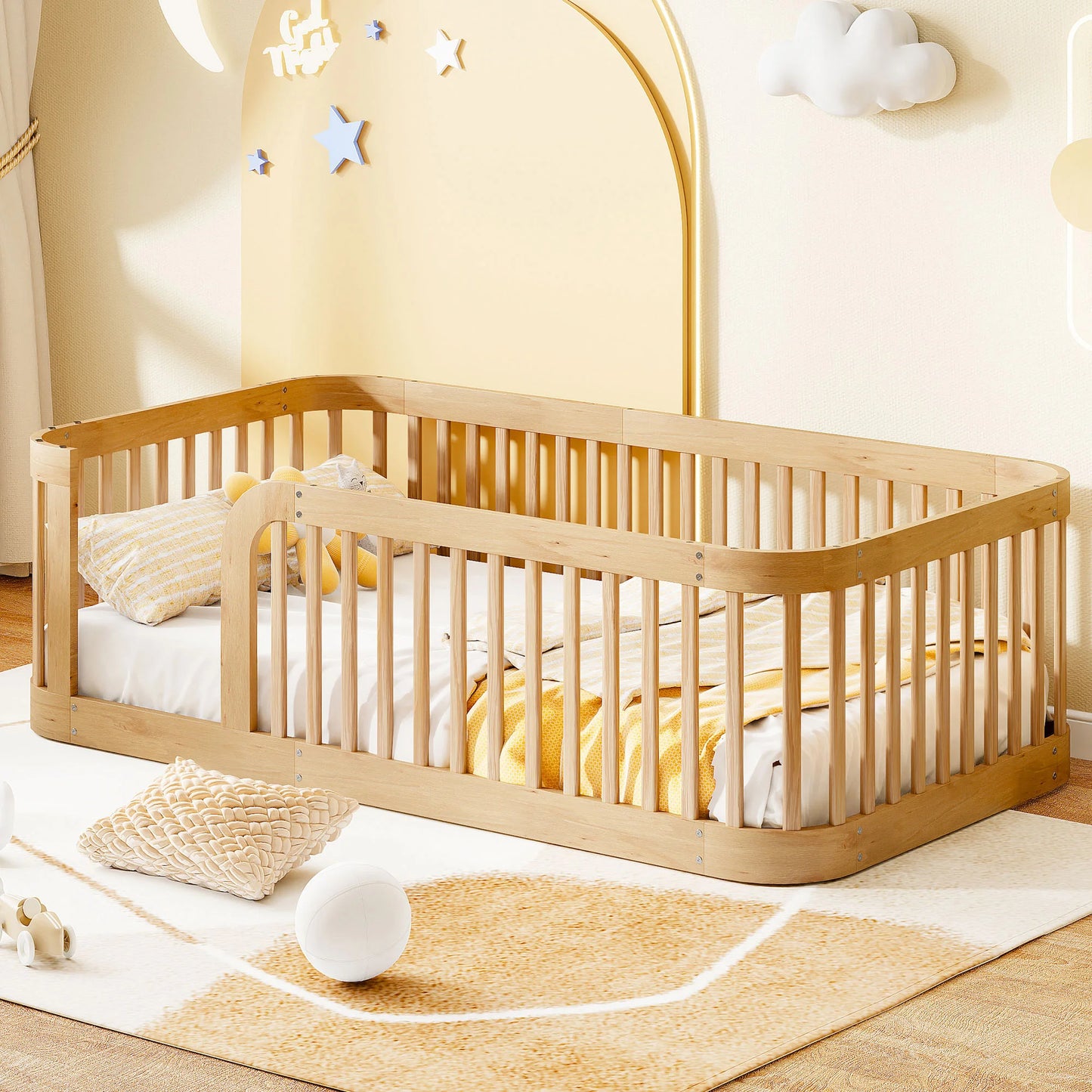 Wood Twin Bed Frame for Toddlers – Low Floor Bed with Fence, 76.9"L x 41.1"W x 23.8"H