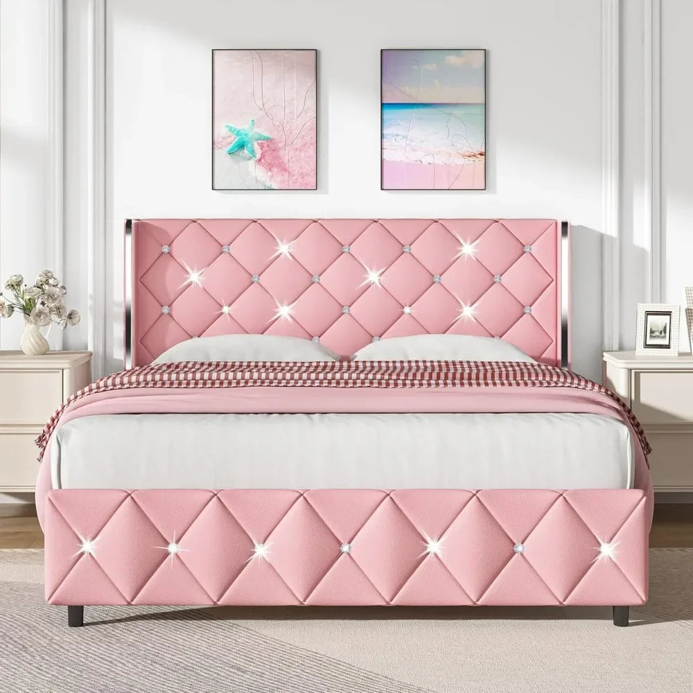 Queen Bed Frame with Diamond Headboard – Pink Faux Leather, Upholstered Platform, Easy Assembly