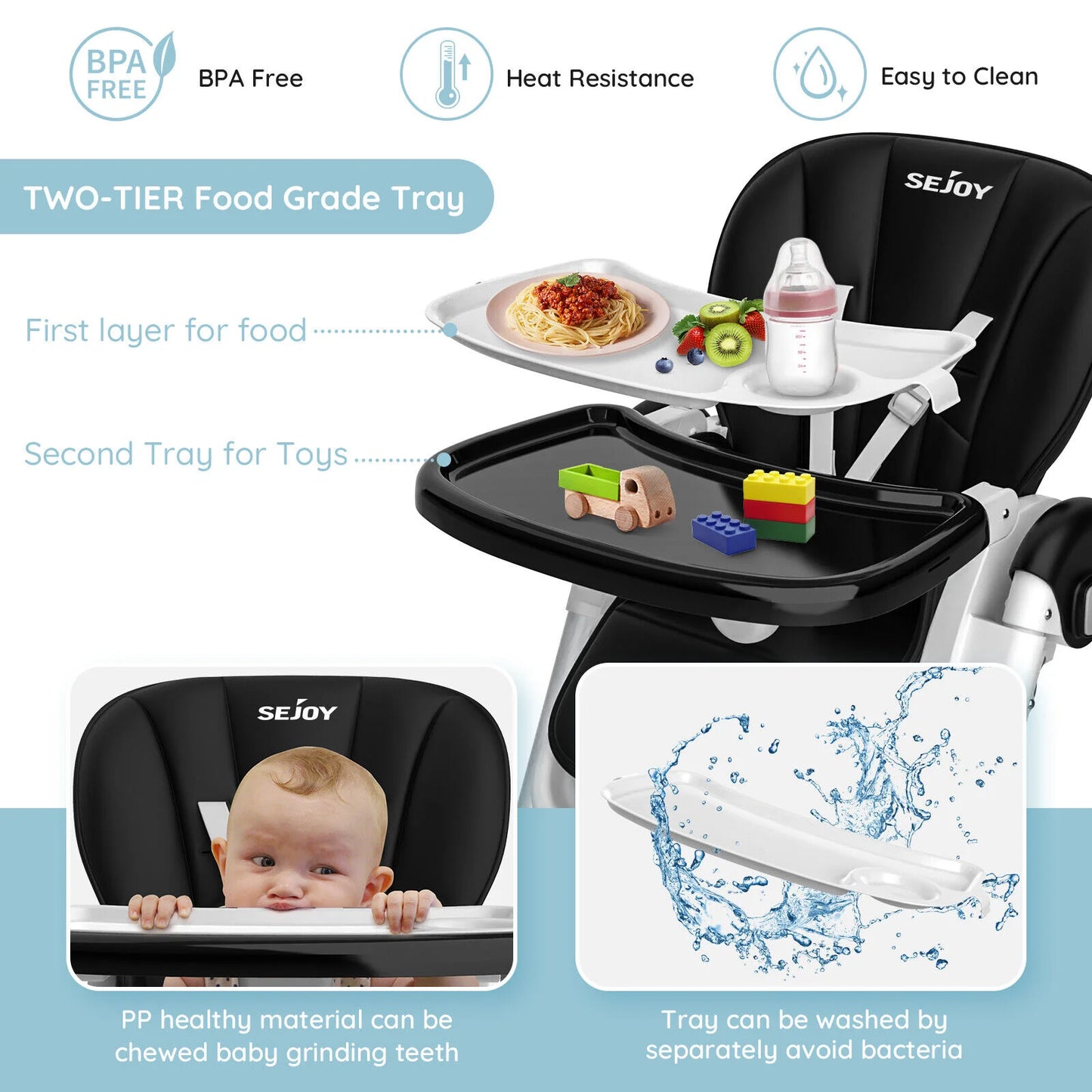 SEJOY Folding Baby High Chair – Convertible Design with Removable Tray & Adjustable Seat