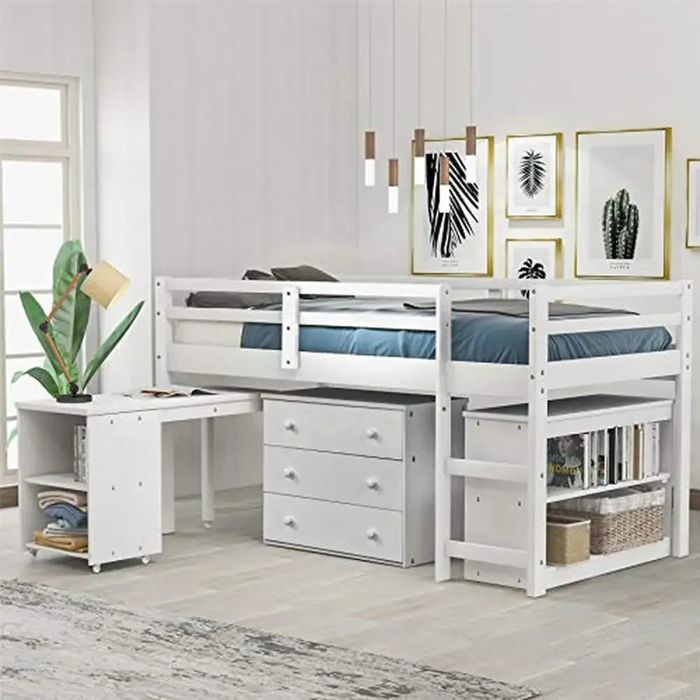 Twin Loft Bed with Rolling Desk & Storage Cabinet – White Bunk Bed with Guardrails