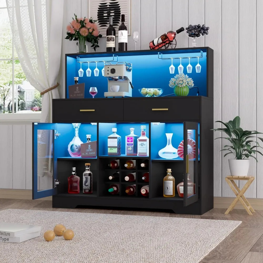 Wine Bar with Power Outlet – Black Liquor Cabinet with LED Lights, Coffee Bar & Built-In Wine Rack