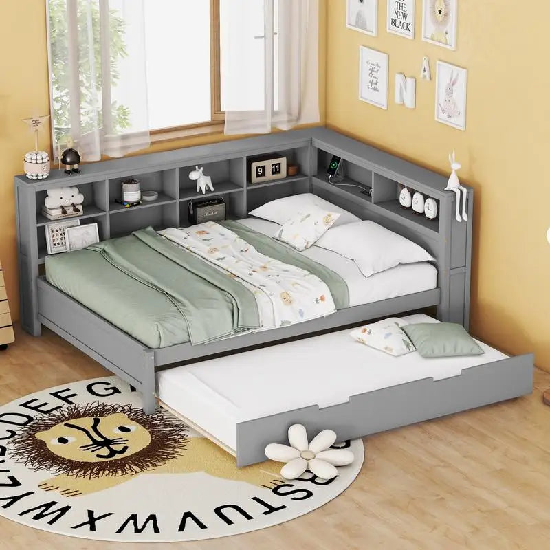 Grey Wooden Full Size Daybed with Twin Trundle, Storage Shelf & Built-in USB Ports