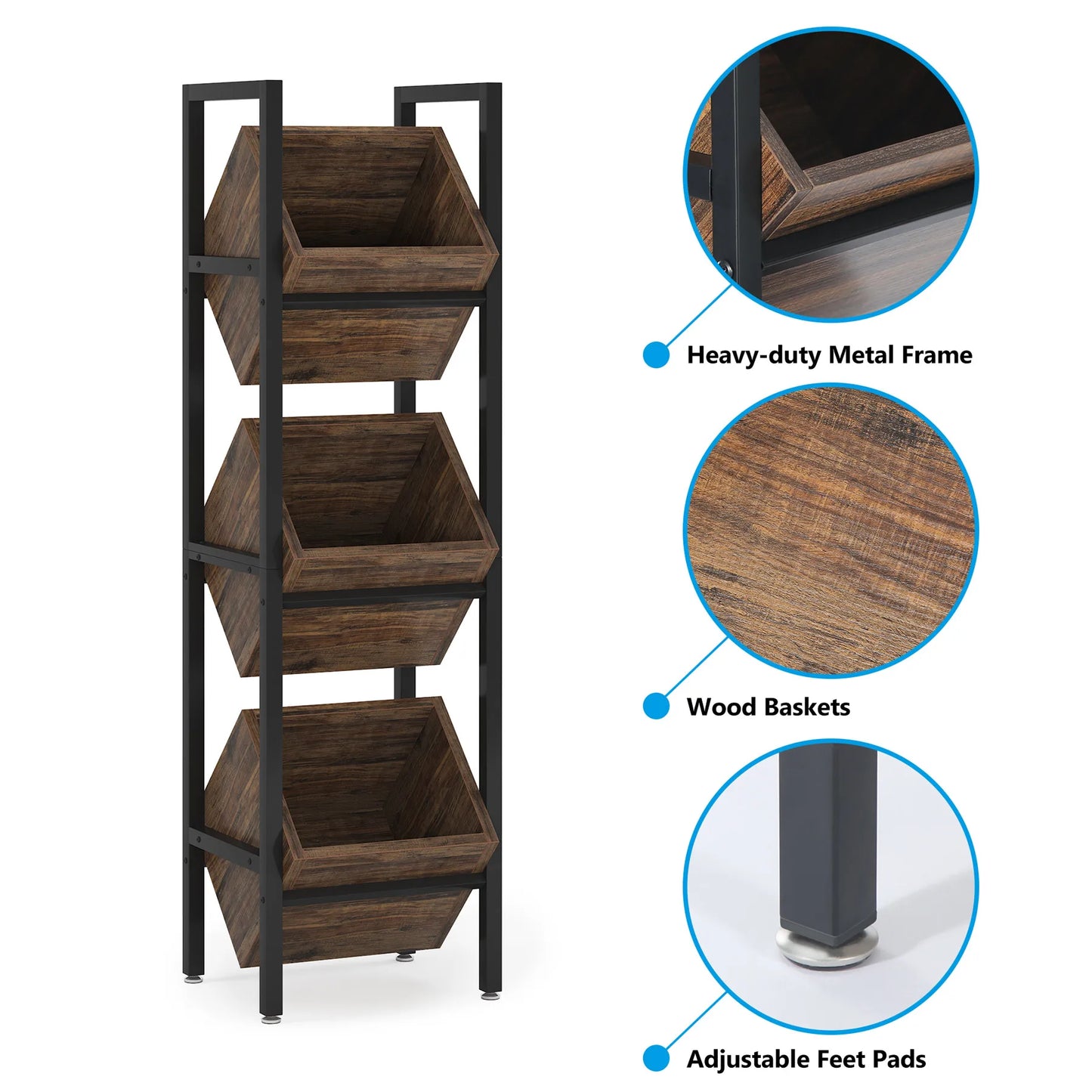 Tribesigns Basket Stand – 3-Tier Wood Shelving Unit with Baskets, Rustic Vertical Storage Tower for Living Room