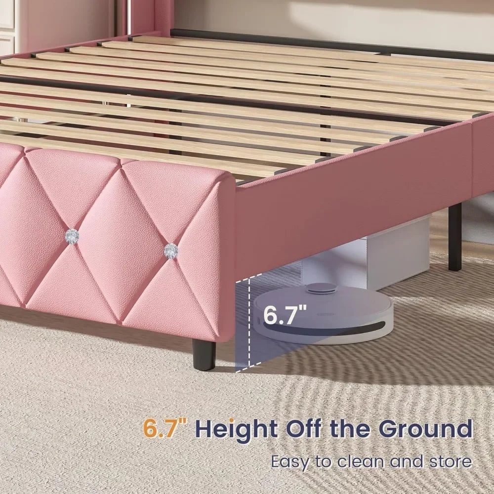 Queen Bed Frame with Diamond Headboard – Pink Faux Leather, Upholstered Platform, Easy Assembly