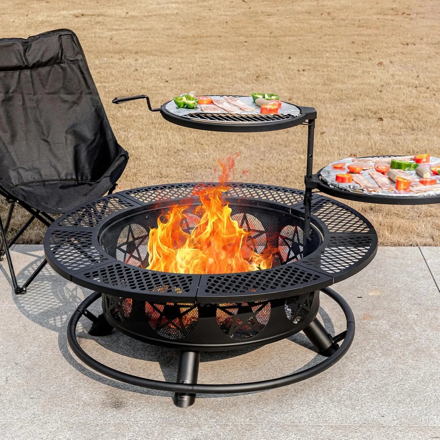 36" Wood Burning Fire Pit – Outdoor Firepit with 2 Grills, Lid & Poker for BBQ and Backyard