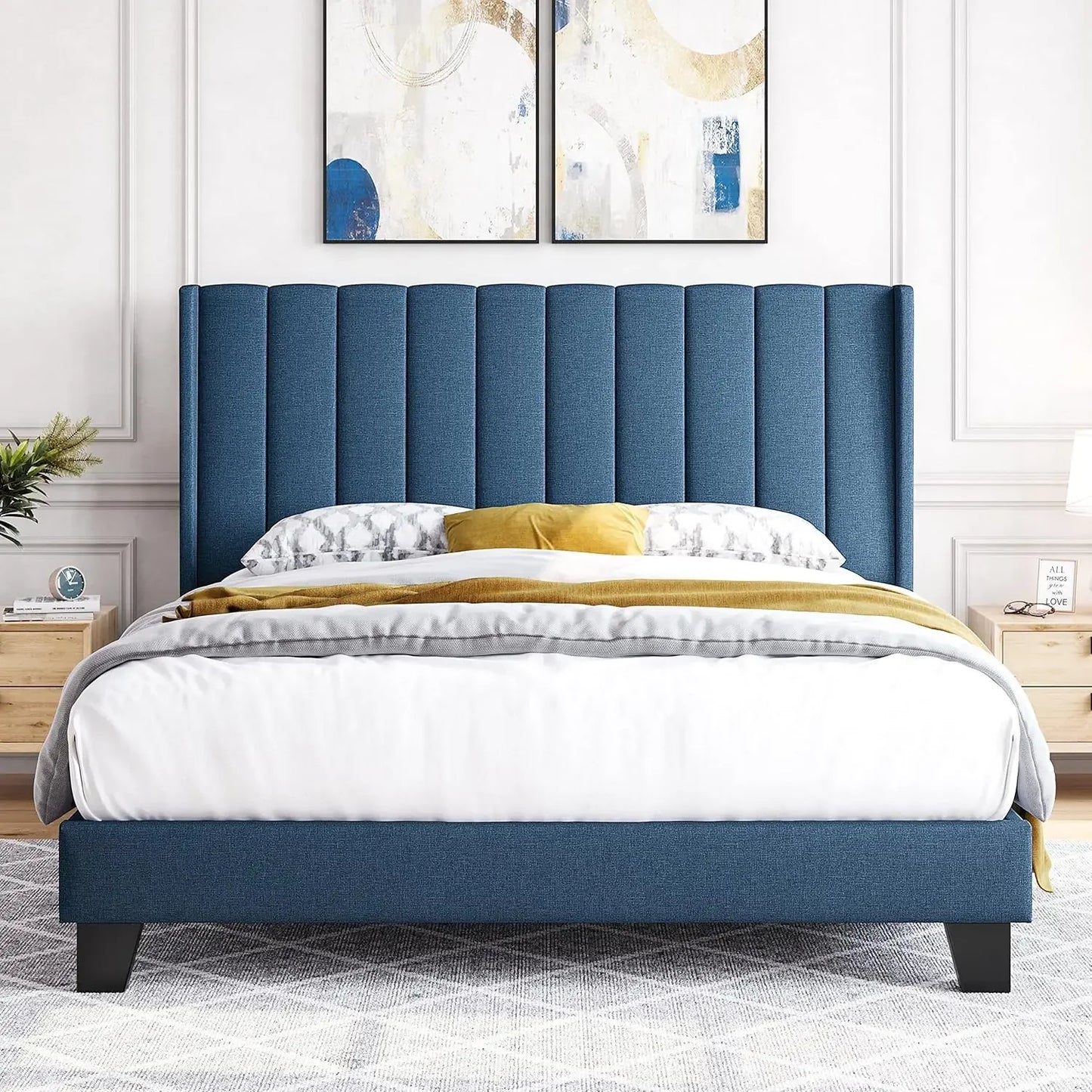 Upholstered Platform Bed Frame – Fabric Headboard with Wing Edge & Wooden Slat Support
