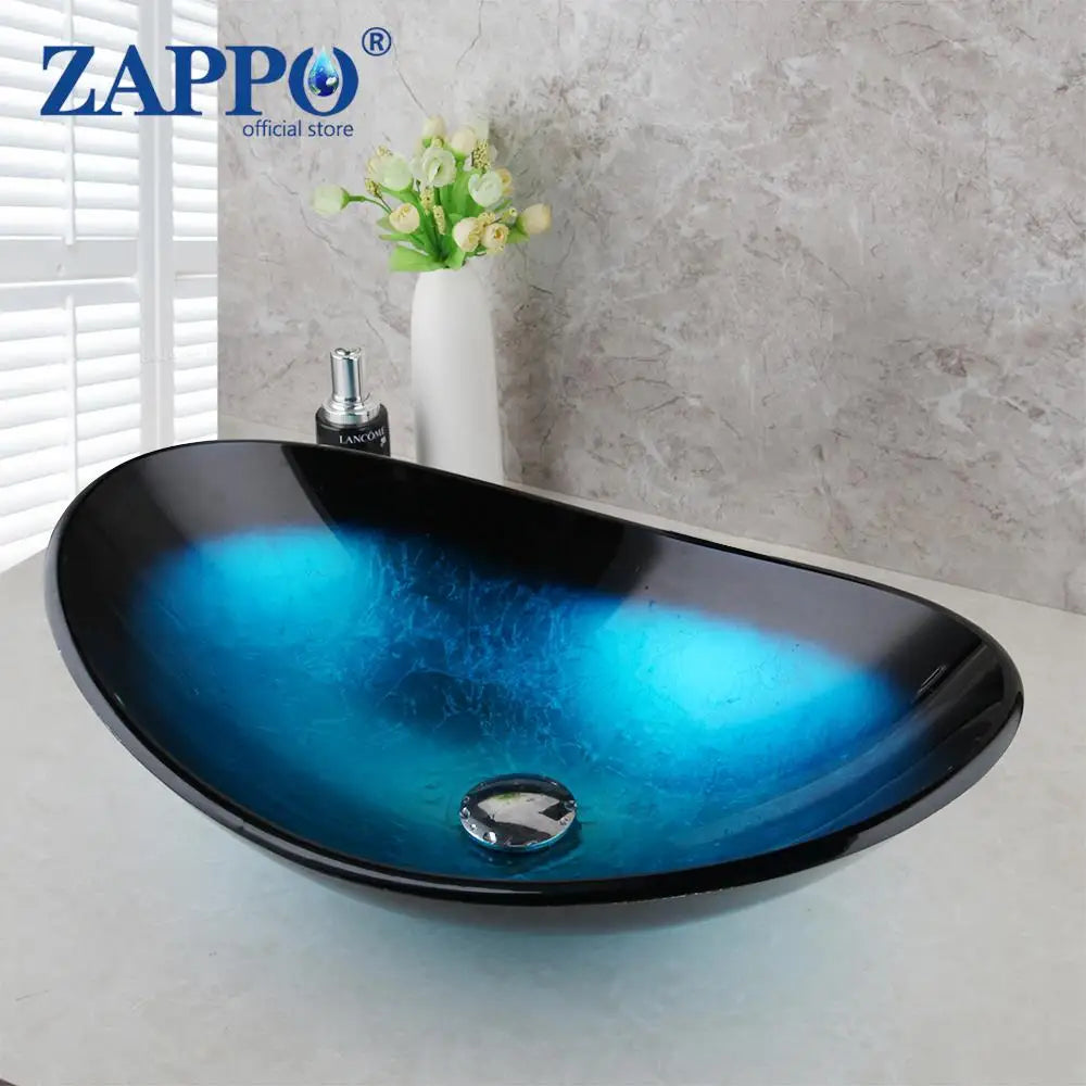 ZAPPO Blue Tempered Glass Vessel Sink – Oval Above-Counter Basin with Black Waterfall Faucet