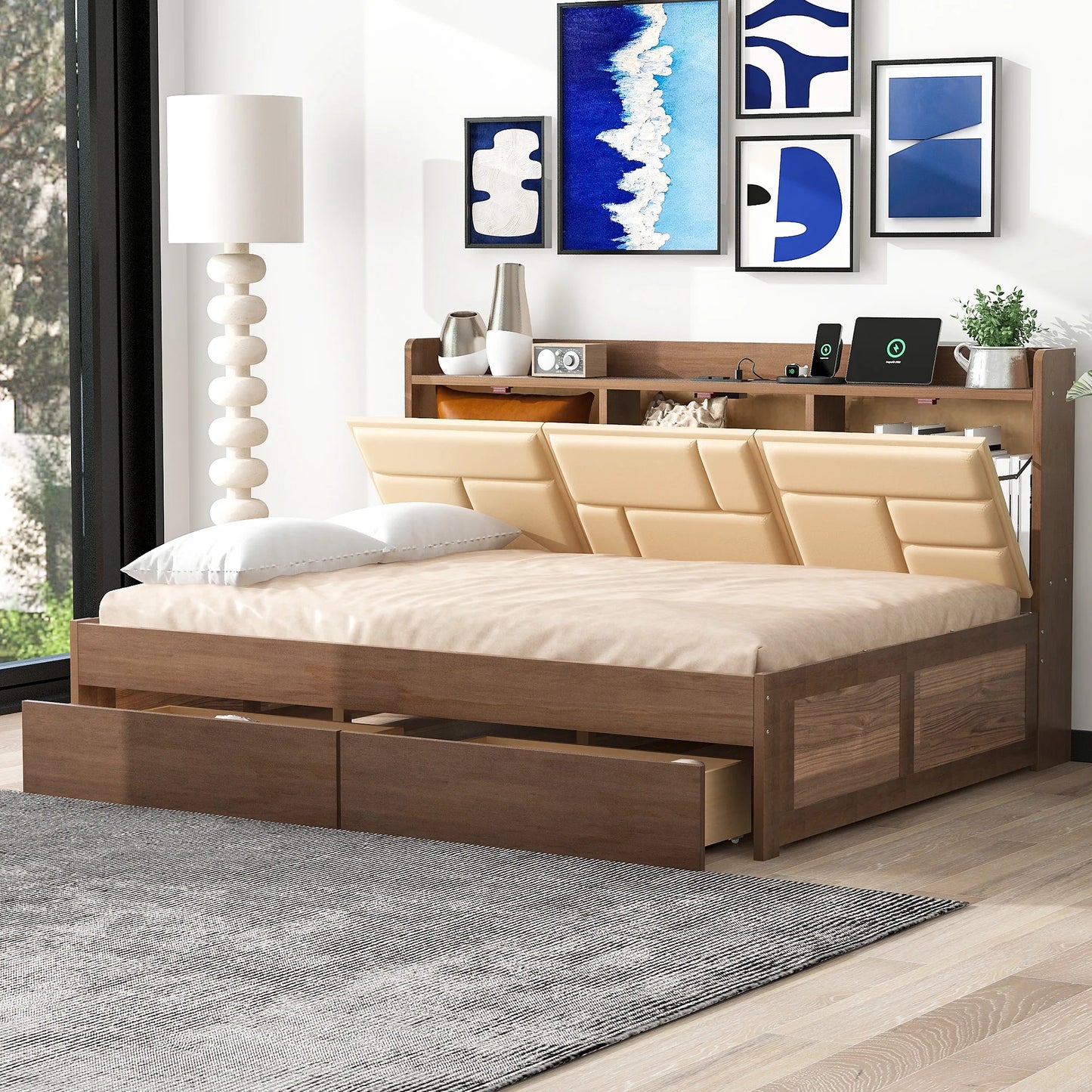 Twin/Full Wood Daybed with Upholstered Storage Shelves, USB Ports & 2 Drawers