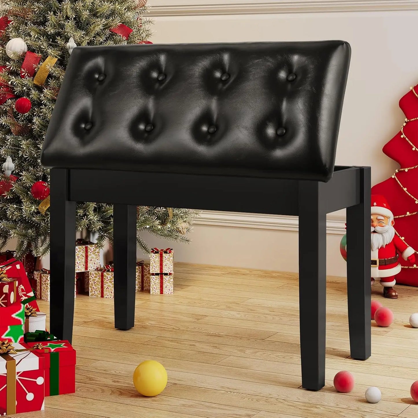 Wooden Duet Piano Bench with Storage – Padded Faux Leather Cushion Seat & Hidden Compartment for Music Books