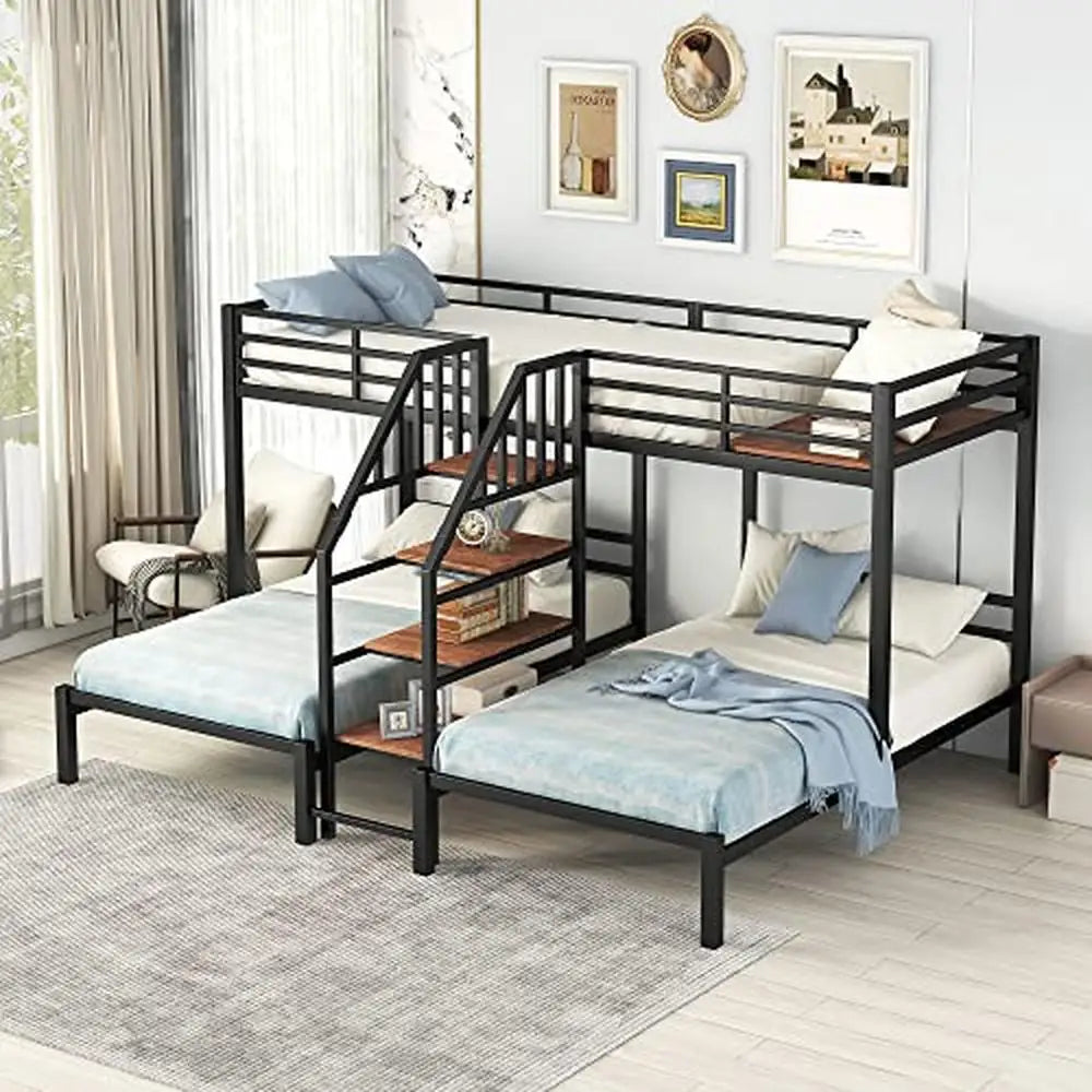 Twin Over Twin Metal Bunk Bed with Staircase & Storage Shelves – Modern Black, No Box Spring Needed