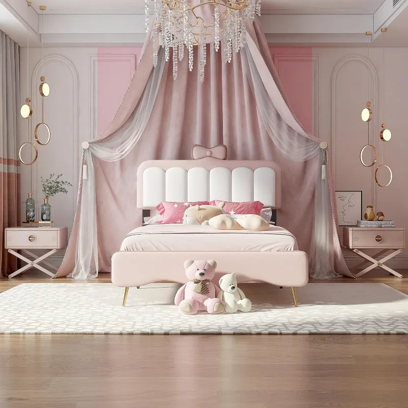 SOFTSEA Twin Princess Bed – Pink Velvet Upholstered Frame with Bow-Knot Headboard