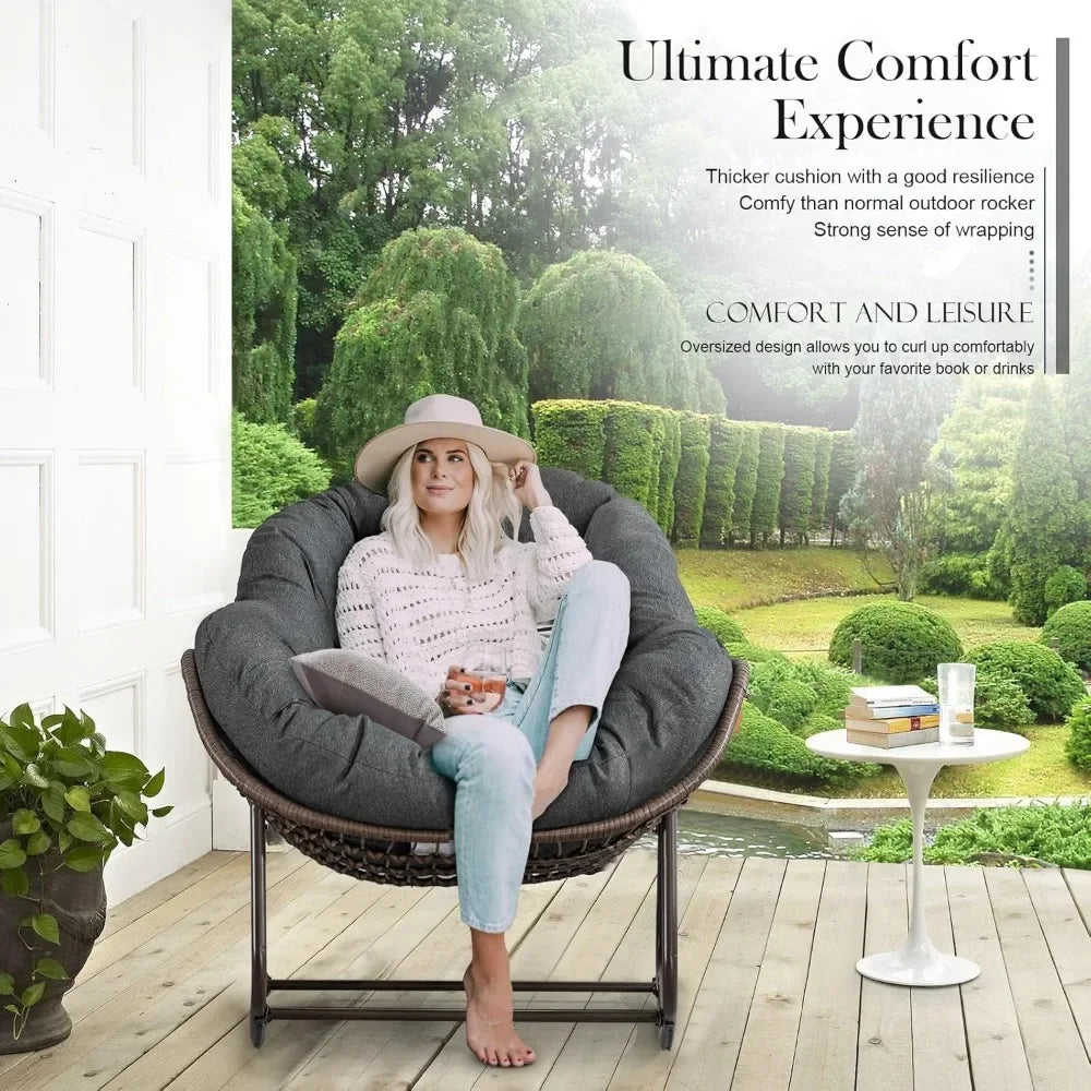Oversized Wicker Egg Rocking Chair – Indoor/Outdoor Lounge Chair with Plush Cushion