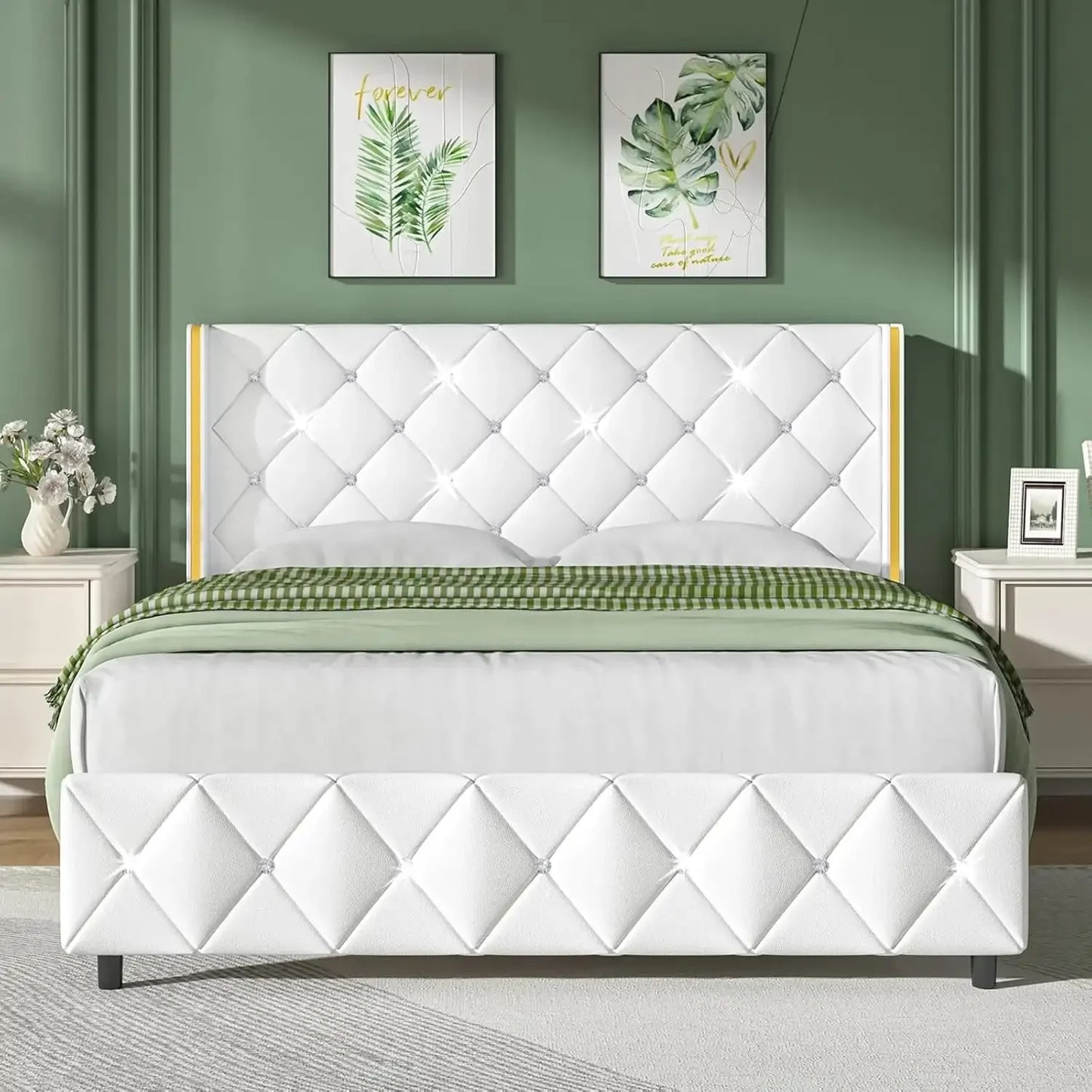Queen Bed Frame with Diamond Headboard – Pink Faux Leather, Upholstered Platform, Easy Assembly