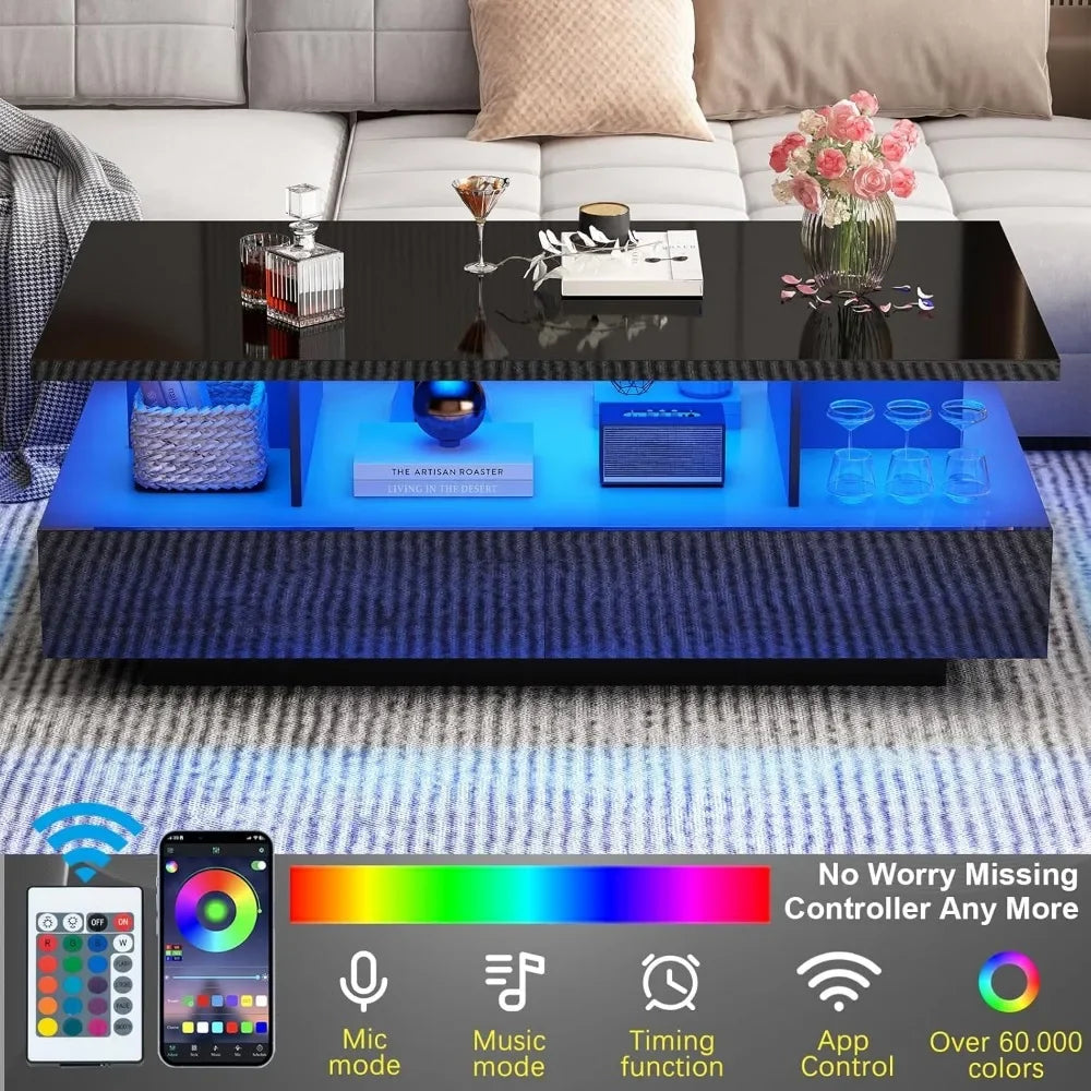 Modern Black LED Coffee Table – High Gloss with App Control Lights & 2 Storage Drawers