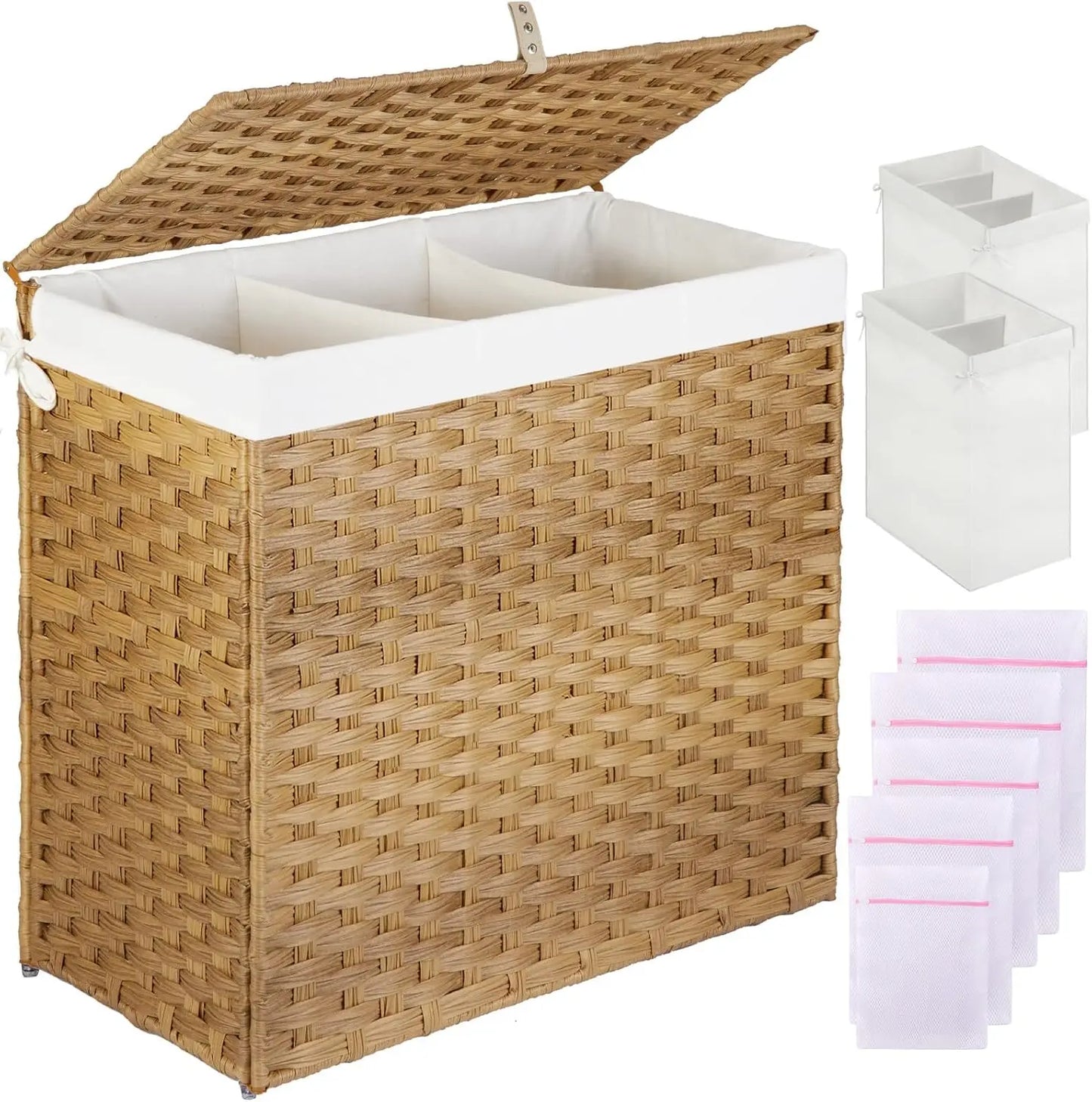 125L Laundry Hamper with Lid – 3-Section & 2-Section Removable Bags + 5 Mesh Bags, Handwoven