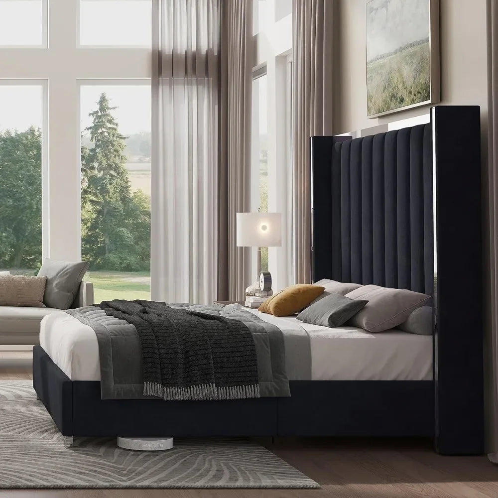 Velvet Upholstered Platform Bed – 58" Tall Wingback Headboard with Channel Tufted Design