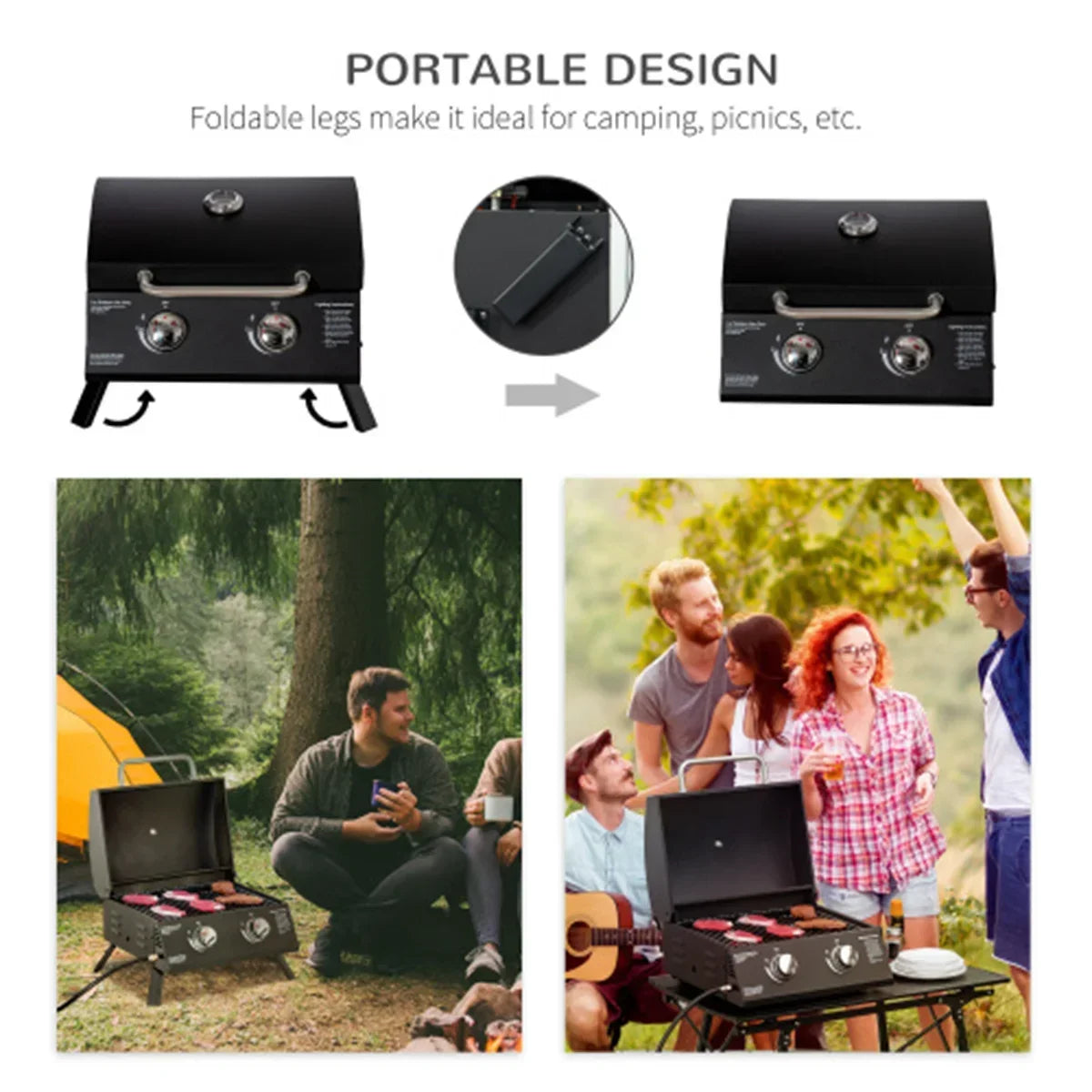 Folding Gas BBQ Grill – Portable 2-Burner Tabletop Grill with Charcoal Option