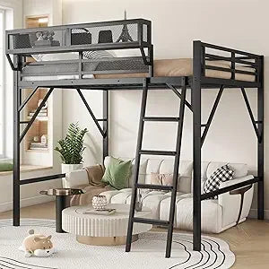 Queen Size Metal Loft Bed with Stairs & Storage, Bedside Shelf, Heavy-Duty Frame