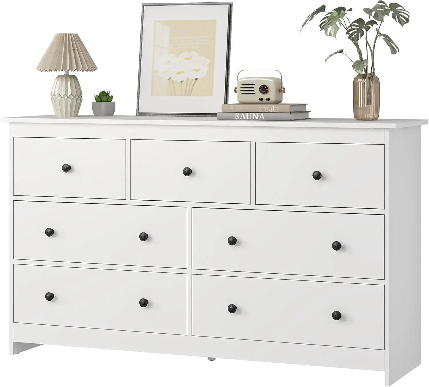 55" White 7-Drawer Dresser – Wooden Storage Chest with Gold Handles