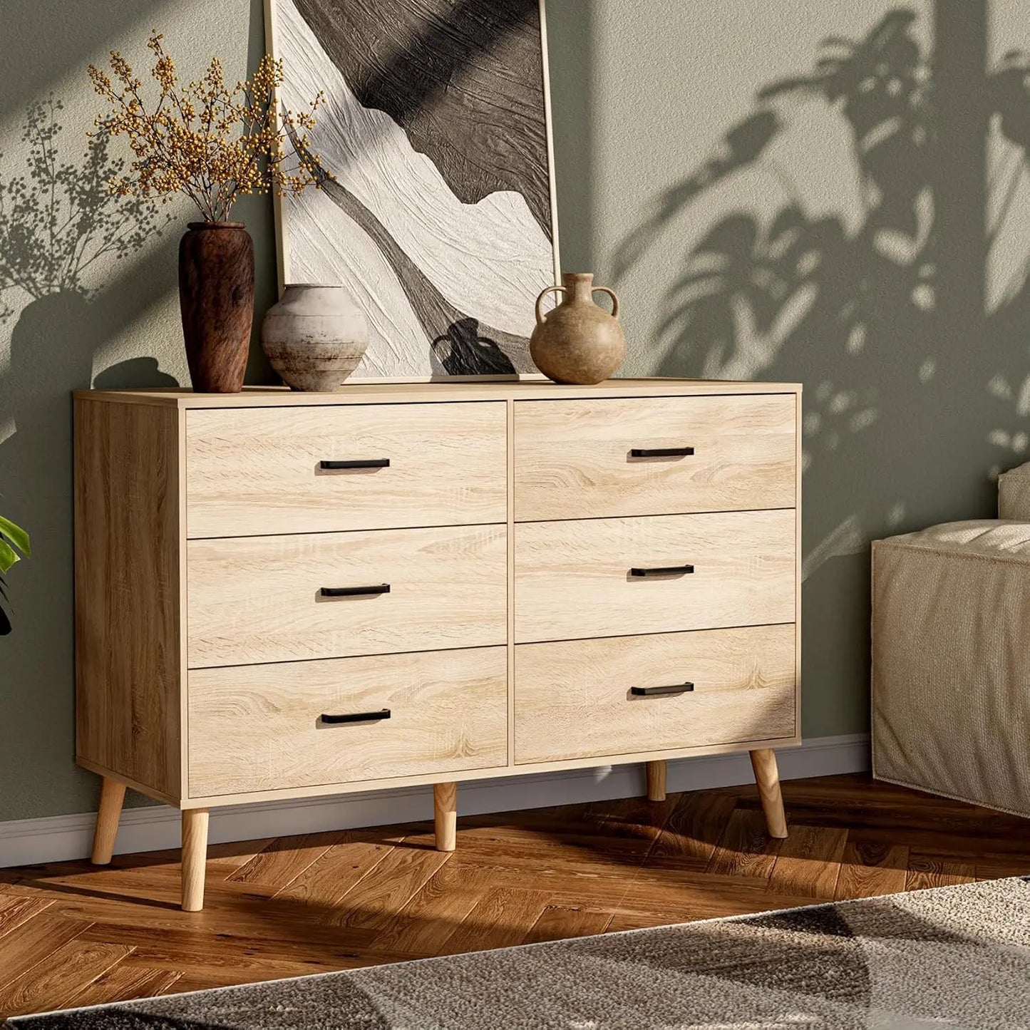Wood Dresser for Bedroom 6 Drawer Dresser with Metal Handles Mid Century Modern Dresser Double Chest of Drawer Light Oak