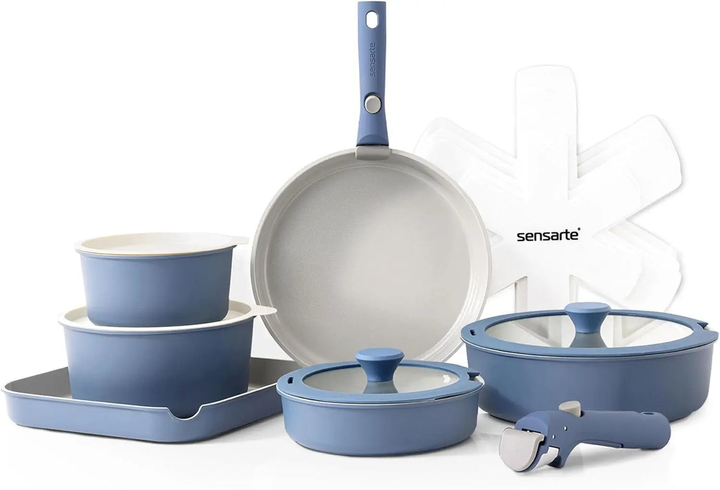 17 Piece Ceramic Pots and Pans Set, Nonstick Detachable Handle Cookware, Induction Kitchen Cookware Set with Removable