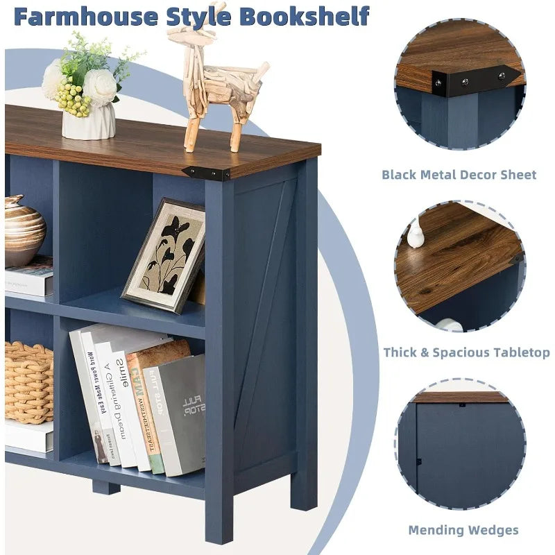 6-Cube Farmhouse Wood Bookcase – Low Storage Organizer, 47" Horizontal Console Bookshelf with Legs, Navy Blue