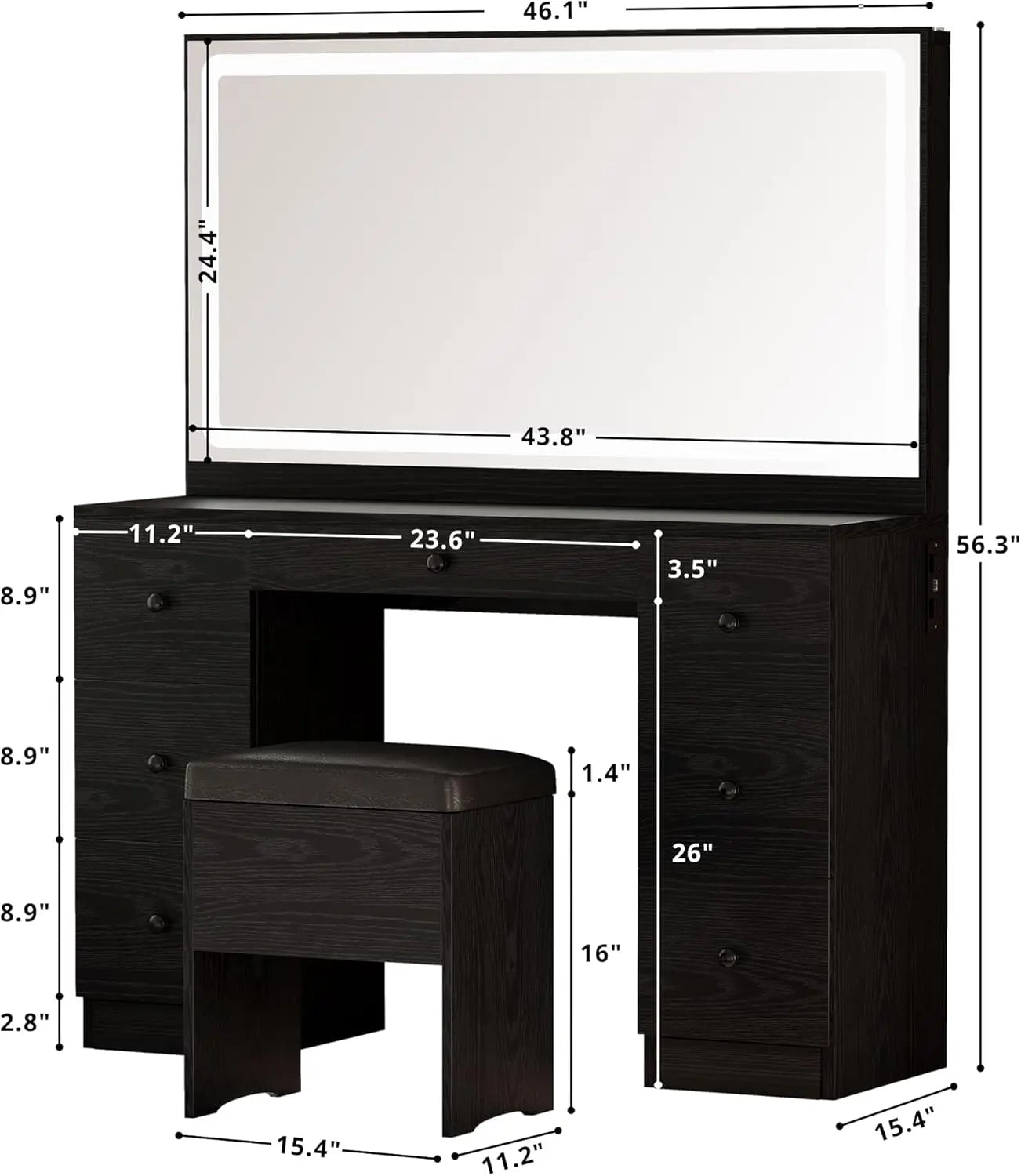 Black Vanity Desk Set – Makeup Table with LED Mirror & Matching Stool