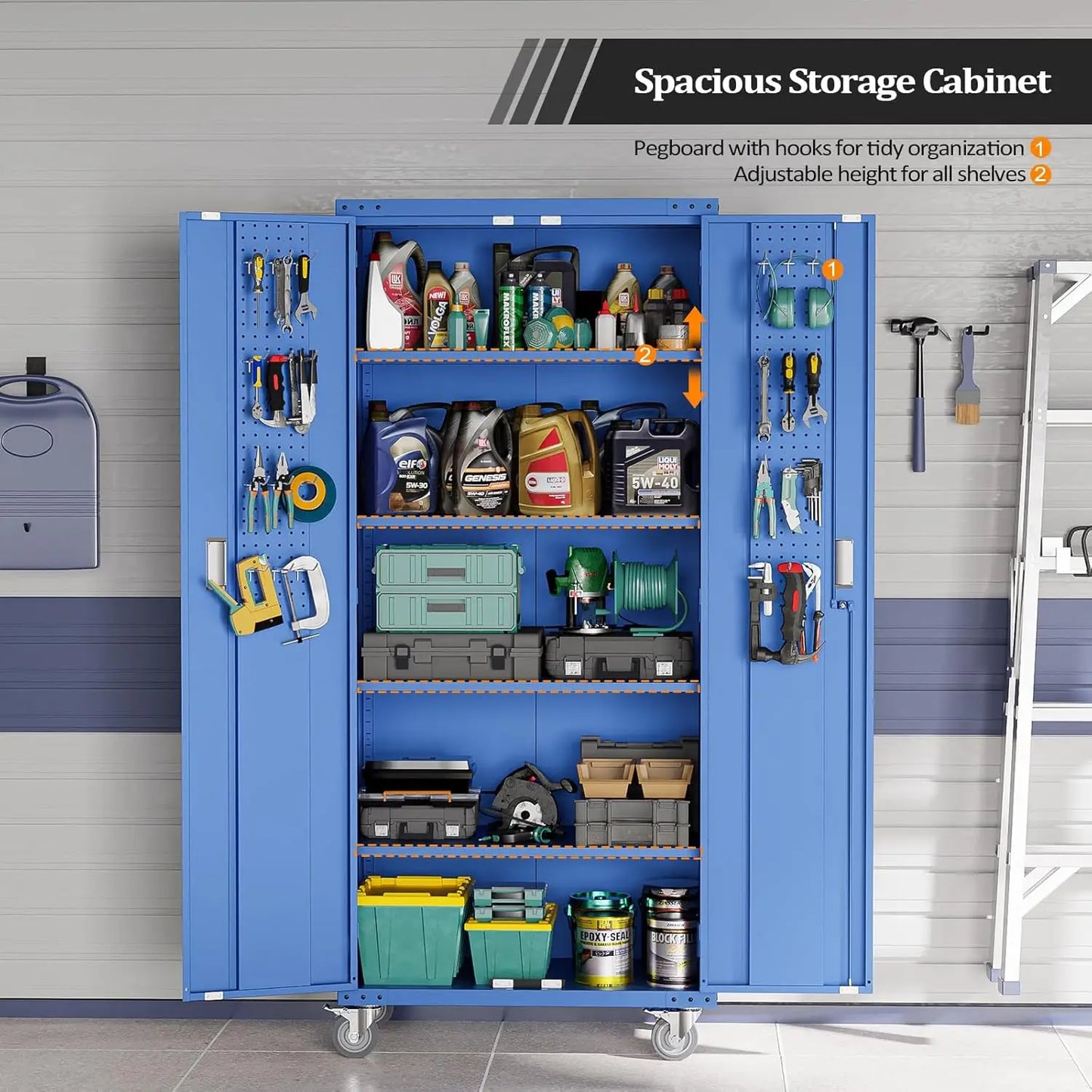 72" Tall Metal Garage Storage Cabinet – Locking Doors, Pegboards, Wheels & Adjustable Shelves