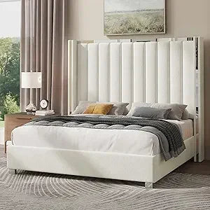 Velvet Upholstered Platform Bed – 58" Tall Wingback Headboard with Channel Tufted Design