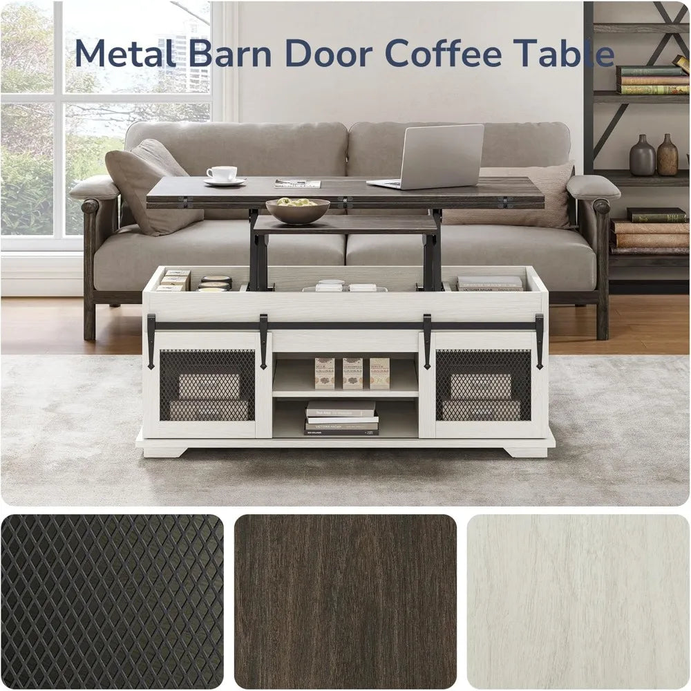 44" Farmhouse Lift Top Coffee Table – Storage with Sliding Barn Doors, 3-in-1 Multi-Function