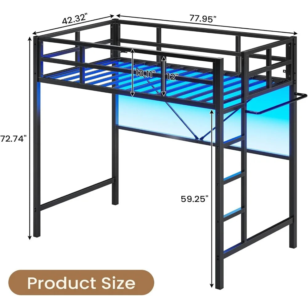 Twin Metal Loft Bed with LED Lights – Heavy Duty Frame with Guardrails & Clothes Rack