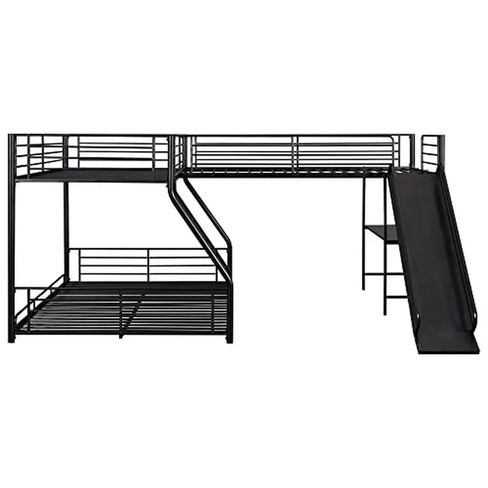 Metal L-Shaped Triple Bunk Bed with Desk, Slide & Shelf – Twin Over Full with Twin Loft