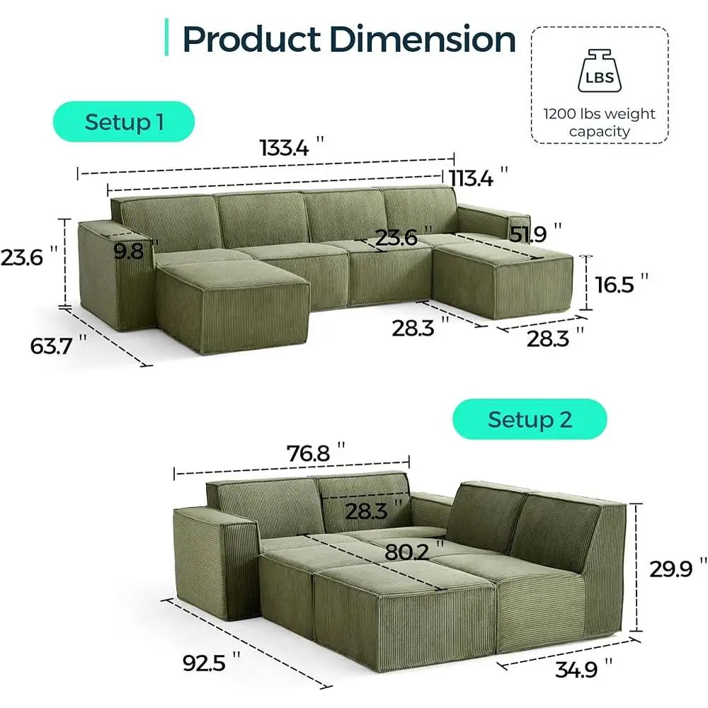 Oversized Modular U Shaped Sectional Sofa Deep Seats Luxe Corduroy Couch with Ottomans No Assembly Required Supportive Comfort