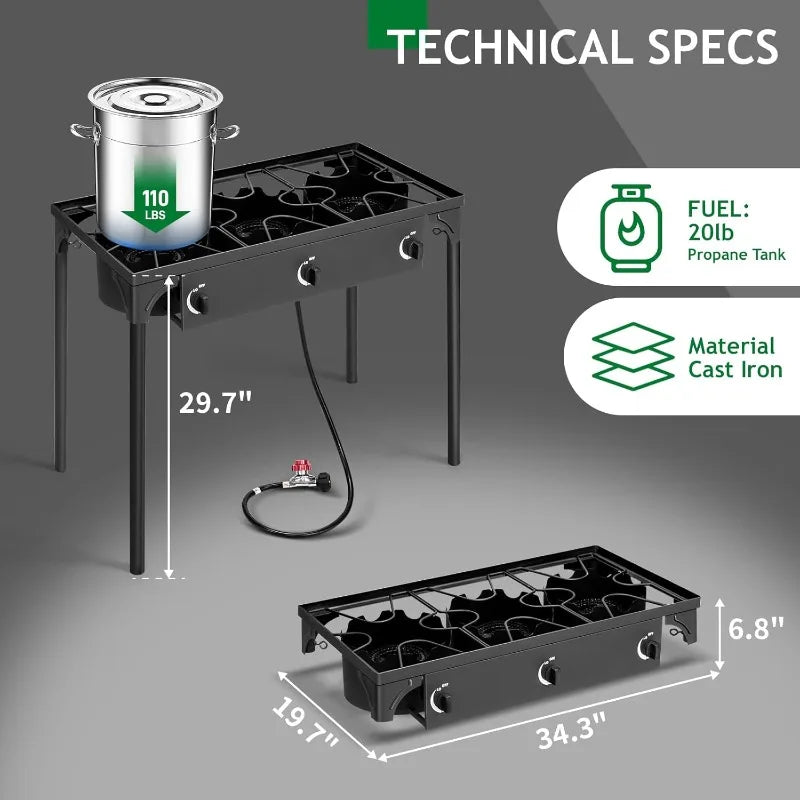 Outvita 3-Burner Propane Gas Stove – 225,000 BTU Outdoor Cooker with Removable Legs