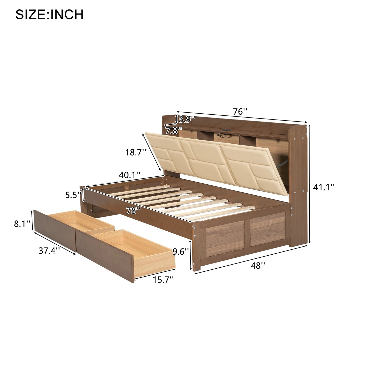 Twin/Full Wood Daybed with Upholstered Storage Shelves, USB Ports & 2 Drawers