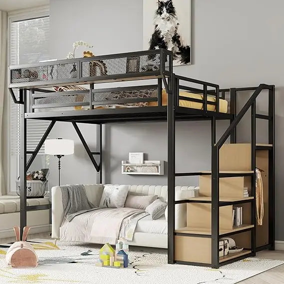 Full Size Metal Loft Bed with Stairs & Storage – Heavy-Duty Frame with Shelf & Large Under-Bed Space