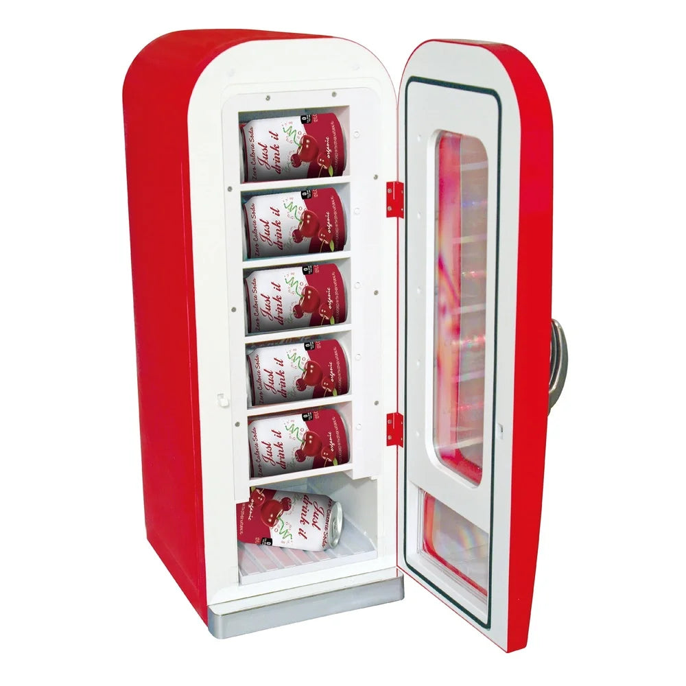 Retro Mini Beverage Cooler – 0.6 Cu.Ft Can Dispenser Fridge with Push Button Vending & 5 Shelves (Red)