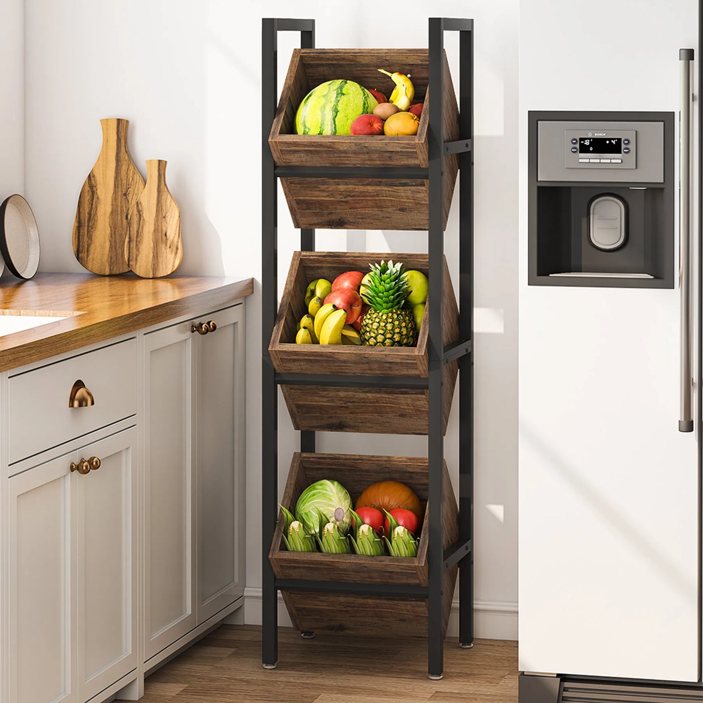 Tribesigns Basket Stand – 3-Tier Wood Shelving Unit with Baskets, Rustic Vertical Storage Tower for Living Room
