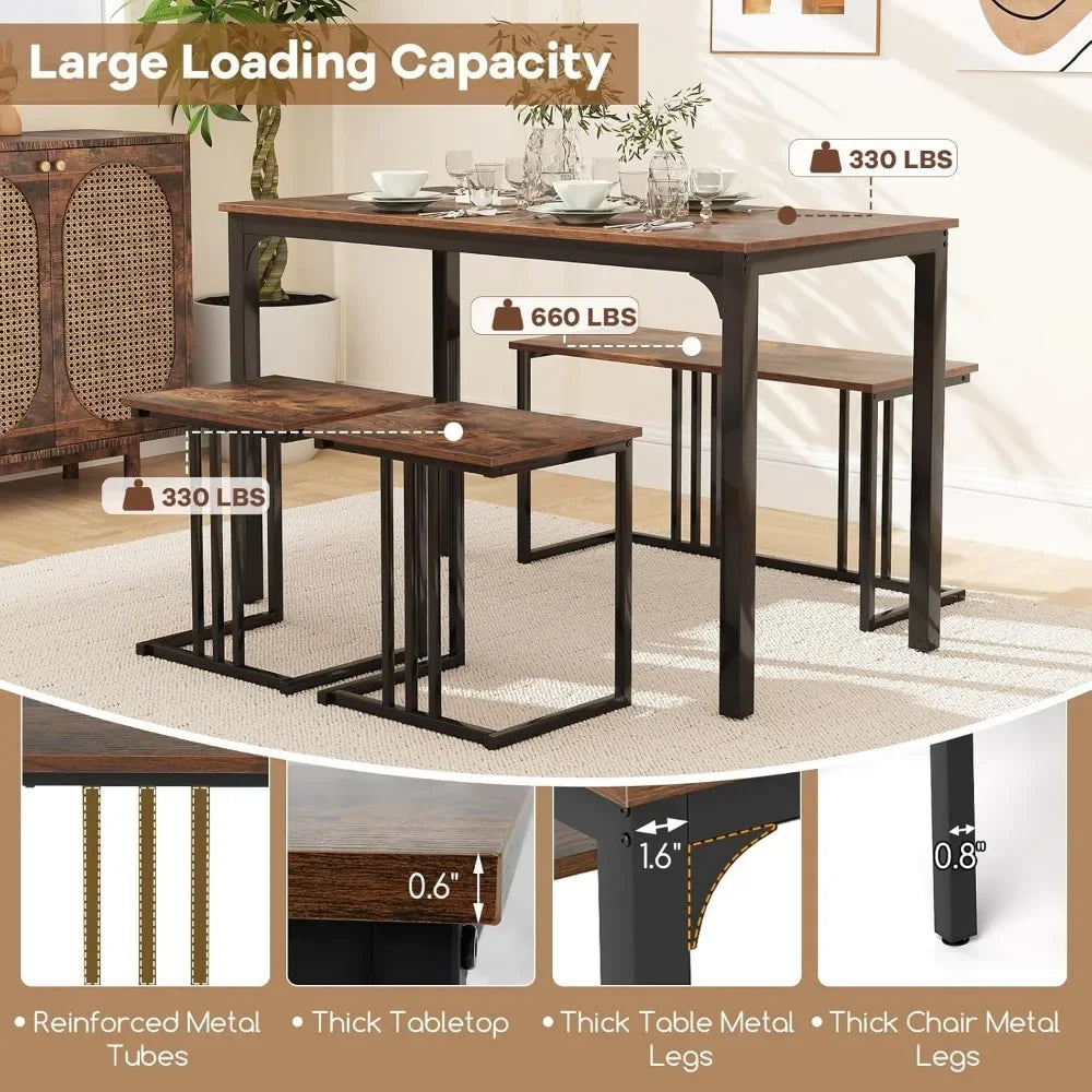 Dining Table Set for 4 – Rectangular Wood Table with Bench & 2 Stools, Industrial Space-Saving Kitchen Dinette