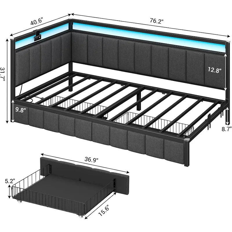 Twin Corner Daybed with Storage Drawers & LED Lighting