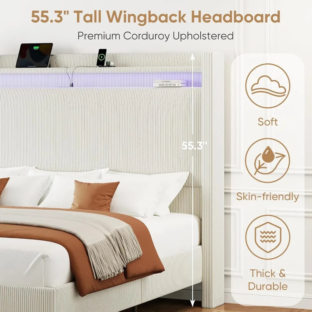 55.3" Corduroy Upholstered Platform Bed – Tall Headboard with LED Lights & USB Charging