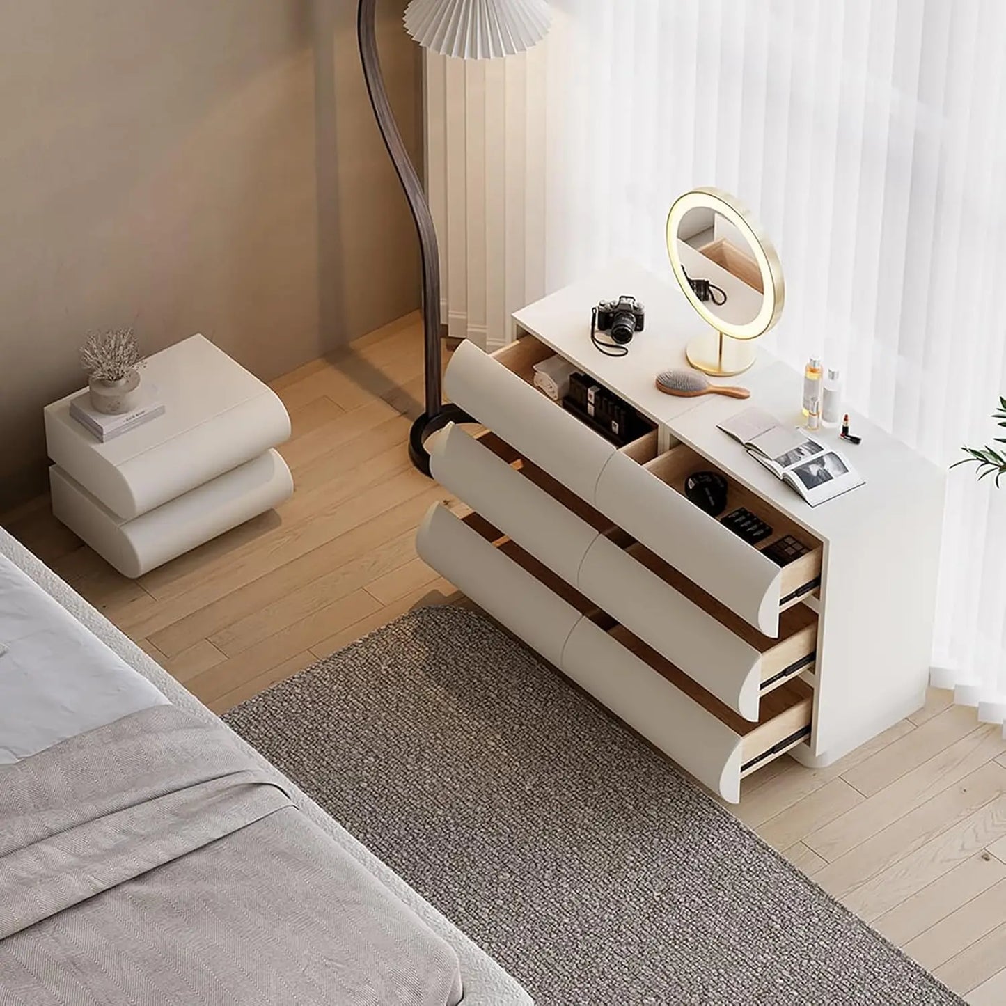 Modern White Leather 6 Drawer Dresser Chest with Storage Cabinet