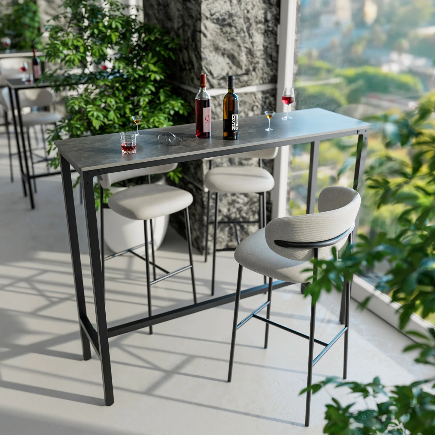 Sintered Stone Bar Table – White Rectangular Counter-Height Dining Table with Black Metal Frame, High Top Pub Table