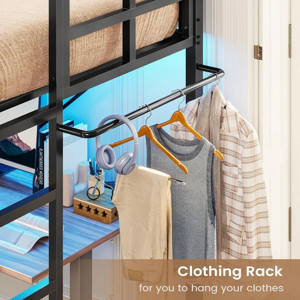 Twin Metal Loft Bed with LED Lights – Heavy Duty Frame with Guardrails & Clothes Rack