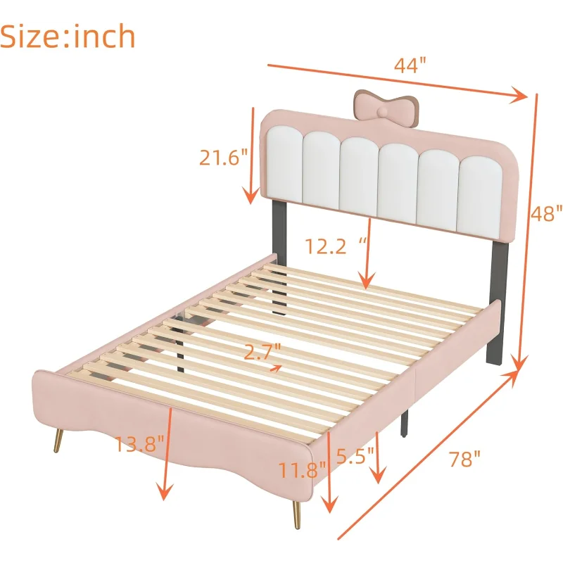 SOFTSEA Twin Princess Bed – Pink Velvet Upholstered Frame with Bow-Knot Headboard