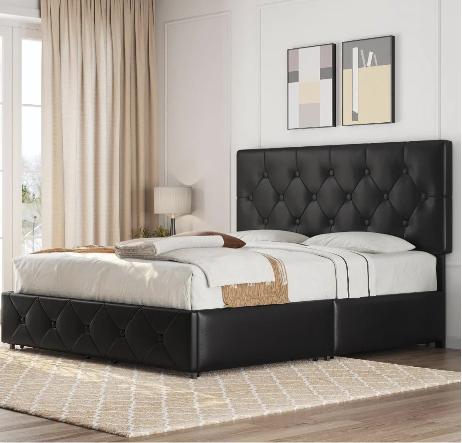 Queen Upholstered Bed Frame – Faux Leather Platform with 4 Drawers & Adjustable Headboard