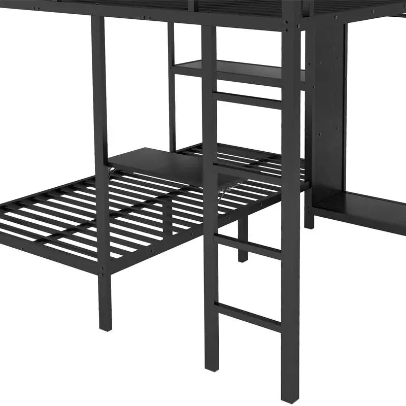 King over Twin XL Bunk Bed – Black Metal Frame with Wardrobe & Foldable Desk